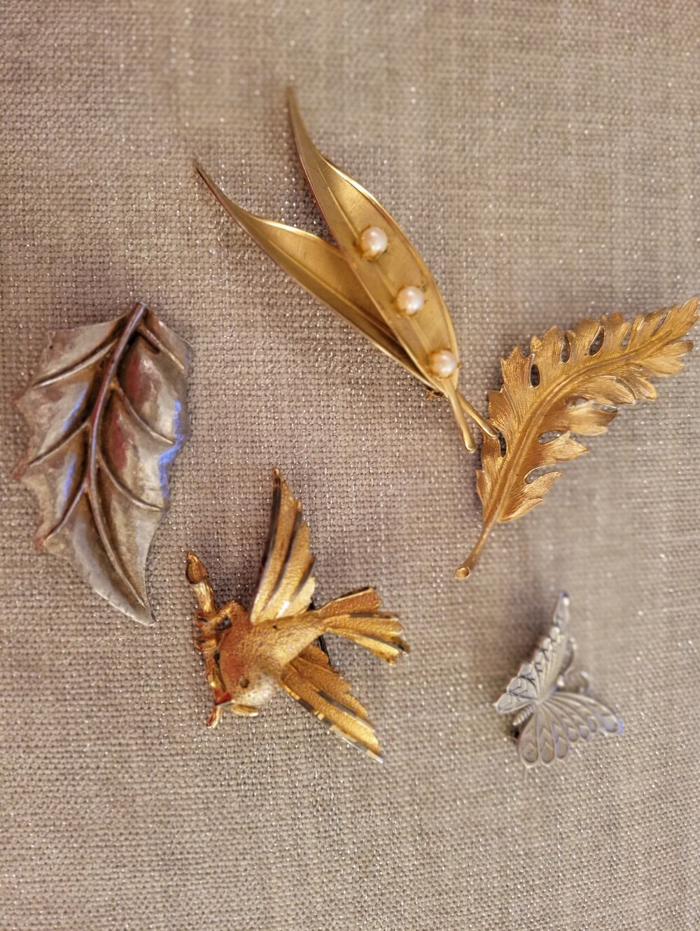 Gold and Silver Leaf & Bird Decorative Brooch Set